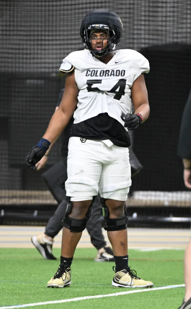 April 18: Offensive lineman Phillip Houston during CU football Spring practice on April 18, 2024. (Cliff Grassmick/Staff Photographer)